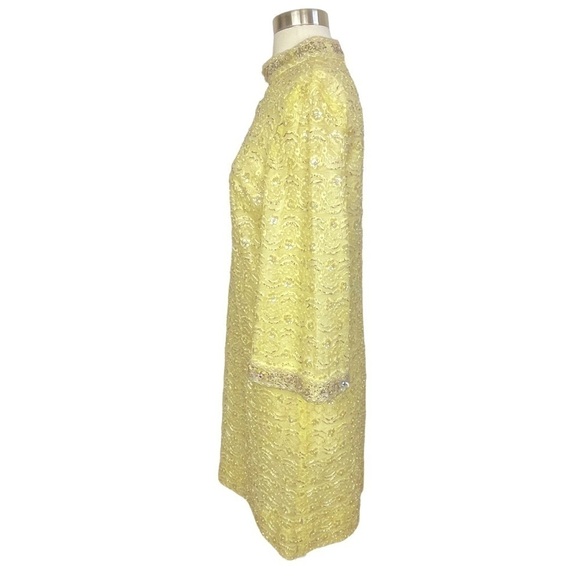 Vintage 50’s Yellow Beaded Lace Mock Neck Long Sleeve Shift Dress Size M/L - Picture 5 of 13